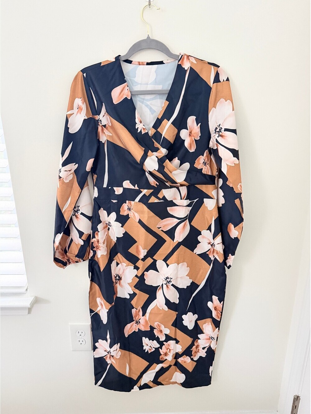 Navy Blue Floral Style Midi Dress Long Sleeve – Size Large